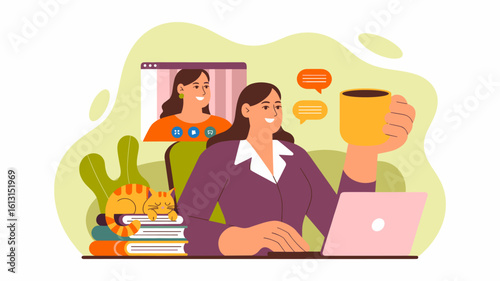professional woman on a video call at home office vector illustration, remote work, digital communication and work-life balance