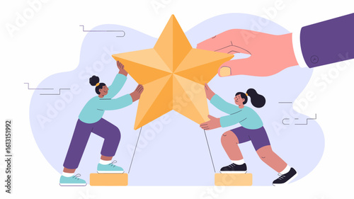 mentor's hand helping two students lift a star vector illustration,  providing equitable support for student success, educational mentorship and achieving goals through teamwork