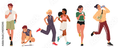 Running teenagers set with positive boys girls cartoon characters sporting enjoy active lifestyle