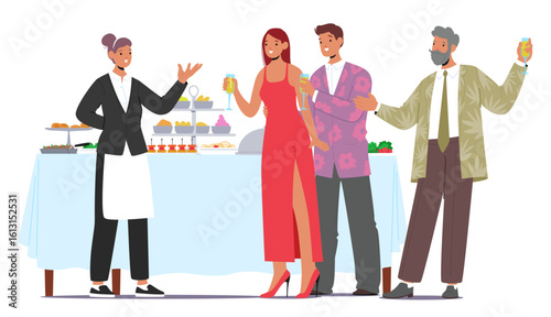 Group of elegant well-dressed people enjoying professional banquet service scene isolated on white