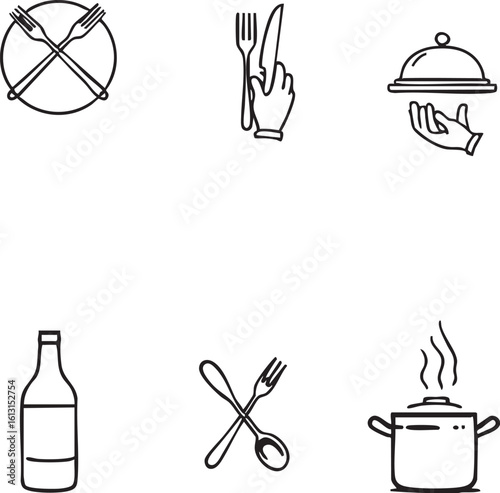 Black and White Food Service and Restaurant Icons with Utensils and Dishes