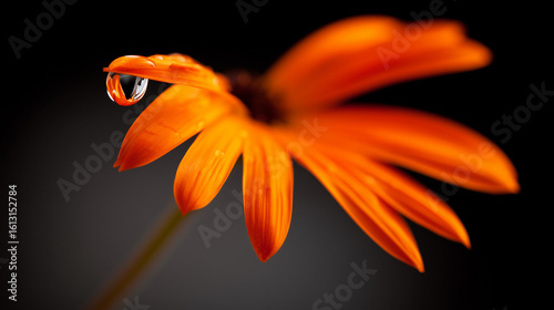 Close-up of an orange flower petal with a water droplet, emphasizing delicate textures and reflections.