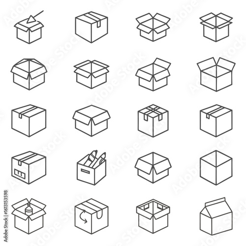 Minimal Outline Box Icon Set – 20 Editable Stroke Packaging and Storage Symbols.

