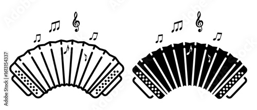 Linear icon. Toy accordion of a circus clown artist for the entertainment of spectators. Simple black and white vector isolated on white background