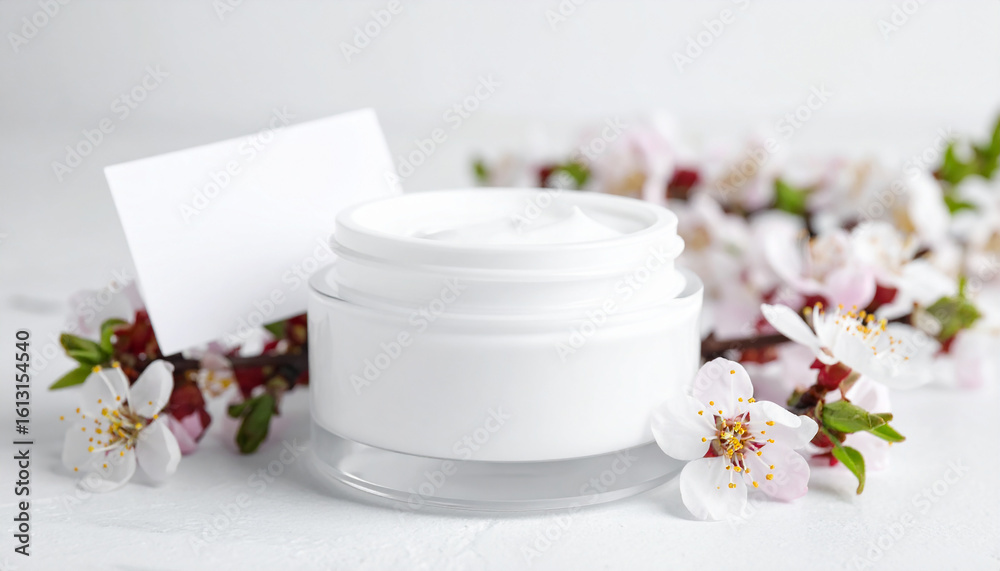 Facial or body cream container surrounded by flowers. Natural cosmetic product. Beauty and wellness Facial or body cream container surrounded by flowers. Natural cosmetic product. Beauty and wellness