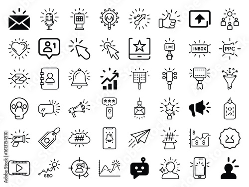 Digital Marketing and Communication Icon Set – Line Style Vector Pack Featuring Social Media, Email, Engagement, Analytics, SEO, and Content Marketing Elements for Web Design and Business Strategy