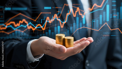 Financial illustration of a financier holding a coin in the palm of their hand