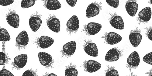 Seamless pattern with sketch style strawberries. Black and white texture with hand drawn strawberry isolated on white background. Background with engraved berries