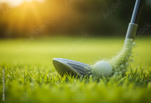 A golf club's face moments before powerful impact with a golf ball, captured in dynamic close-up on the green.