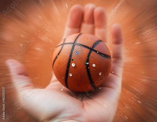 A small basketball in hand, representing athleticism and playfulness.