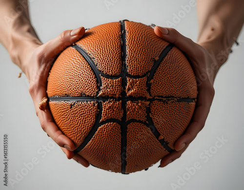 A basketball is gripped tightly by hands, with visible sweat highlighting the intense effort against a clean white background.