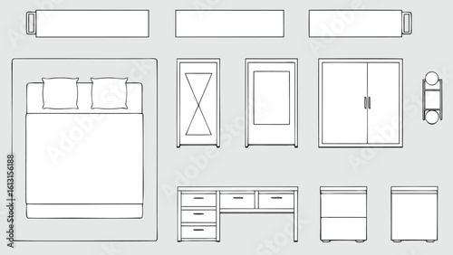 Top view layout of bedroom furniture including a bed, desk, wardrobe, and bedside tables in white color
