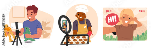 Happy creative kids influencers making vlog shooting video content for followers isolated scene set