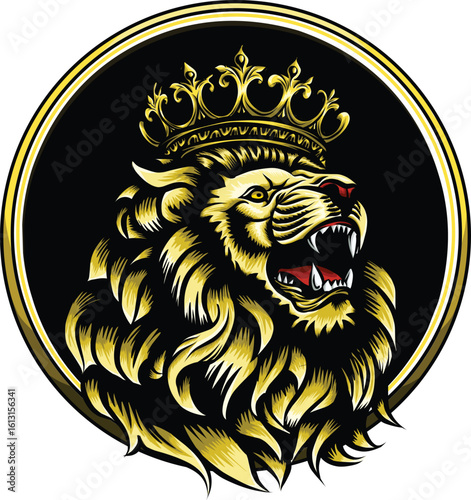 A regal lion with a golden crown roars fiercely, displaying its teeth.