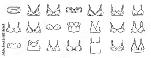 Lingerie fashion feminine lacy woman underwear bra icon doodle hand drawn. Outline line drawing clipart symbol