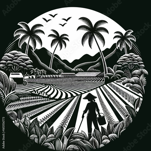 Circular graphic of a woman working in a tropical farm landscape, detailed line art style.