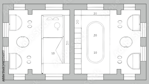 Architectural plan view showcasing two rooms with furniture and fixtures in a detailed layout design