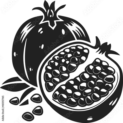 Pomegranate fruit with leaves and seeds, whole and half cut showing juicy arils inside fresh organic tropical food illustration