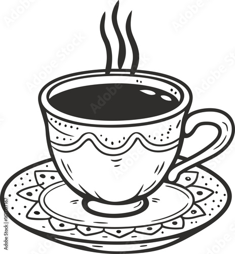 Steaming cup of hot coffee in elegant cup and saucer hand drawn vintage illustration in black and white, morning beverage break