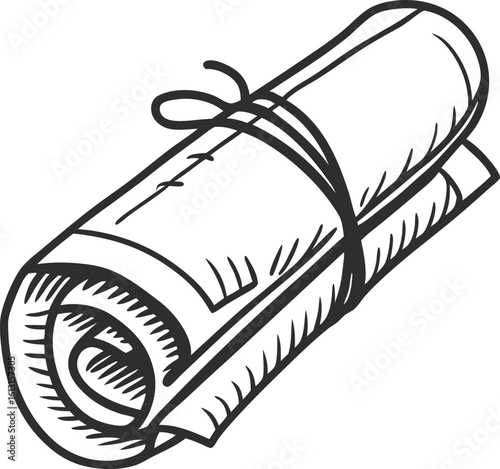 Hand drawn rolled newspaper tied with string vintage press bundle, sketch communication, print announcement concept