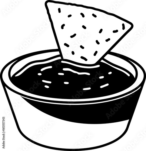 Tortilla chip dipping into salsa bowl snack food illustration, appetizer, mexican cuisine concept, monochrome simple icon