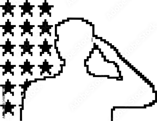 Pixel art silhouette of saluting person with stars, military tribute, patriotic respect, digital retro