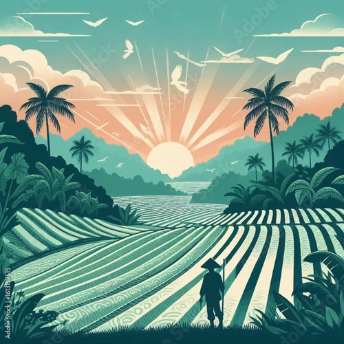 Silhouette of a farmer on terraced rice paddies at sunrise, tropical landscape.