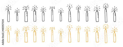 Hanukkah candles doodle hand drawn icon set. Outline Hanukkah candle flame drawing line clipart symbol collection