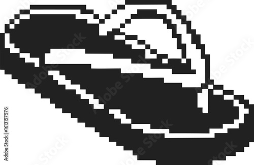 Pixel art flip flop sandal icon retro black and white minimalist summer footwear, casual beach shoe, nostalgic digital