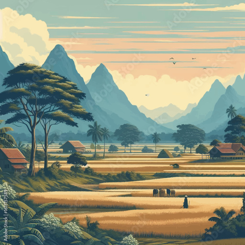 Serene landscape featuring rice paddies, traditional huts, lush vegetation, and distant mountains under a pastel sky.