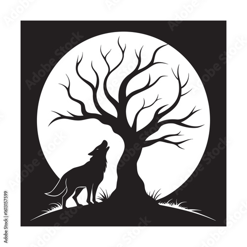 Wolf Howling Near Ancient Forest Tree Silhouette