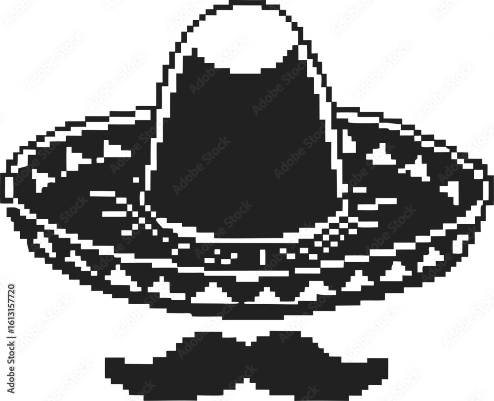 Naklejka premium Pixel art sombrero and mustache isolated, minimal mexican retro icon classic black white design, folk culture celebration symbol
