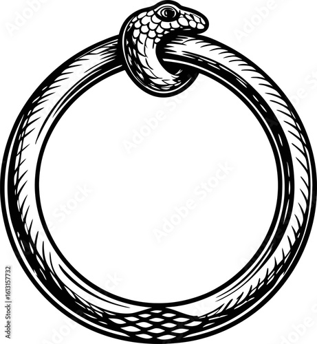 Ouroboros snake biting tail, ancient serpent circle symbol of infinity, eternity, cycle, renewal, mythology, rebirth, wholeness