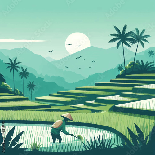A farmer cultivates rice paddies in a serene Asian landscape, under a bright sun and surrounded by lush greenery and mountains.