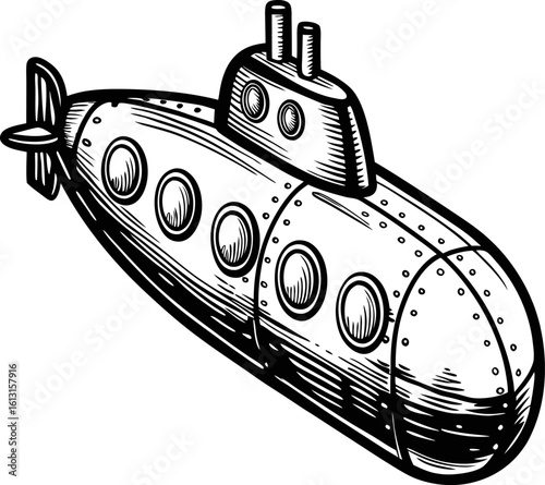 Classic submarine illustration vintage underwater vessel with portholes and periscope, detailed black and white sketch