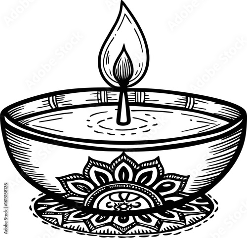 Traditional decorative diya lamp with flame, intricate mandala pattern indian festival celebration line art illustration