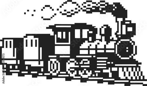 Steam locomotive illustration retro pixel art train with wagons, vintage transportation engine emitting smoke, classic railway travel