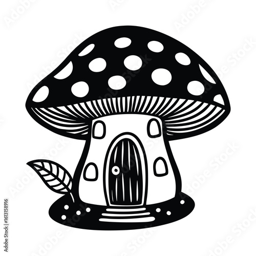 Fantasy Mushroom House Illustration with Detailed Black and White Design