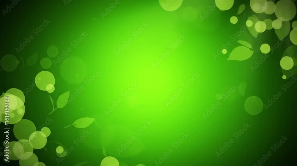 Abstract green bokeh leaf drift, gentle sunlight and breezy movement, serene nature glow