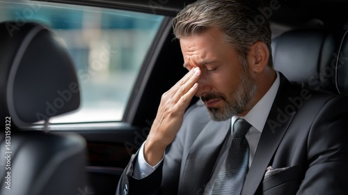 A man in a suit is in a car and is rubbing his forehead