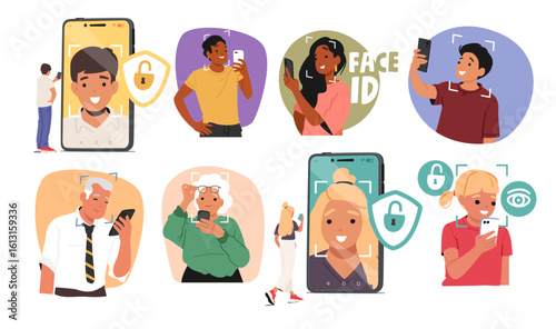 People using face id recognition system smart technology in mobile phone for data protection set