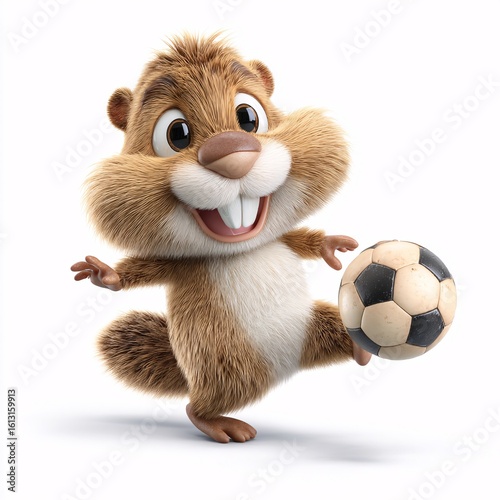 Cartoon Beaver Playing Soccer with a Soccer Ball on White Background