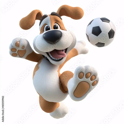Playful Cartoon Dog Kicking Soccer Ball in 3D Clipart Style on White Background