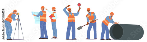 Construction site workers cartoon characters with hard hats helmets and tools in different poses set