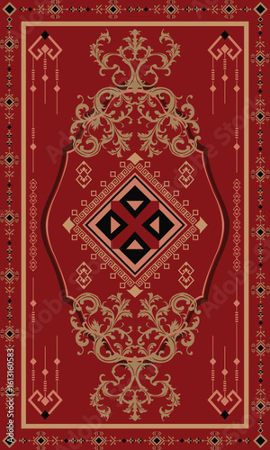Elegant tribal-inspired vintage rug vector in deep red and gold tones. Features symmetrical ornamental motifs, classic floral elements, and geometric tribal borders. Perfect for textile design.