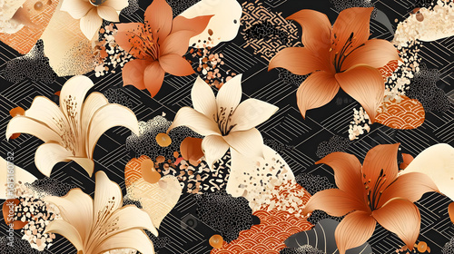 Floral pattern with lilies,  terracotta and cream tones, abstract textures on dark background