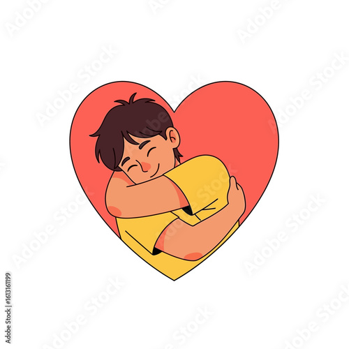 A smiling person embraces themself within a large, red heart.