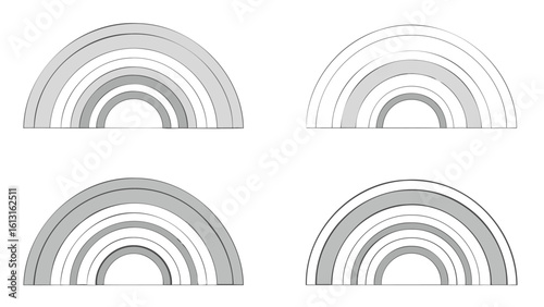 Four instances of layered semi circles in varying shades of gray and white on a white background