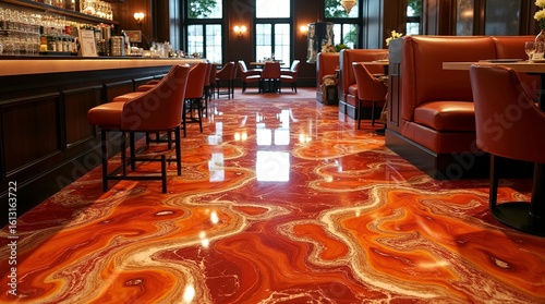 A modern orange restaurant or lounge interior with luxurious high-gloss epoxy resin flooring in vibrant shade, 3d render.