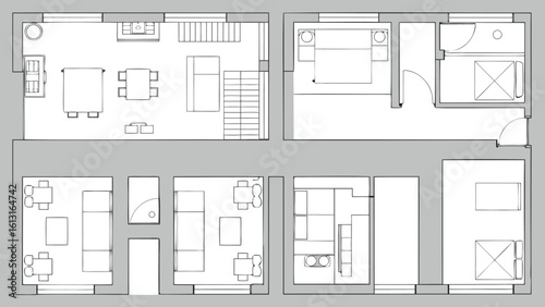Floor plan showing multiple apartment layouts with furniture arrangement and architectural details shown